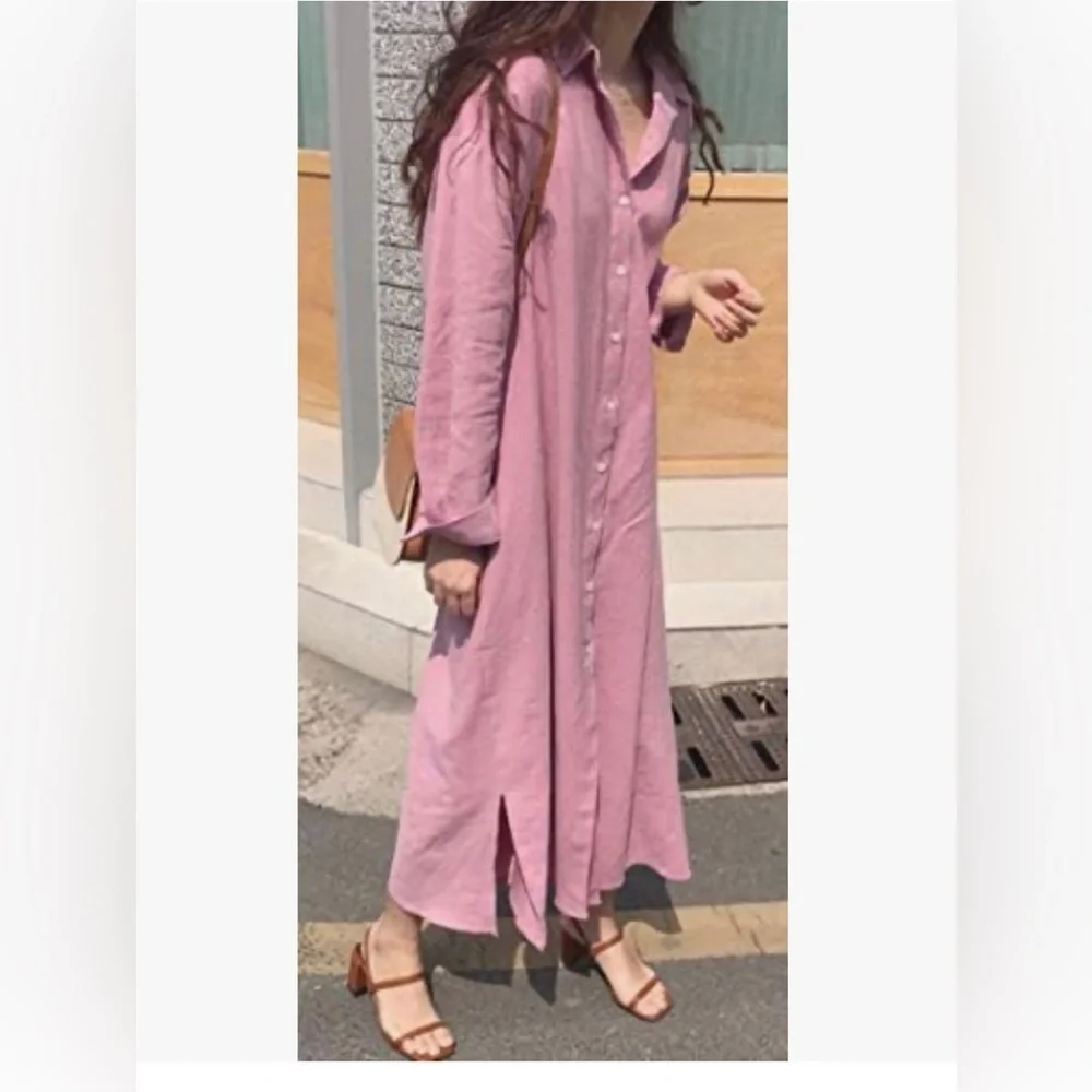 GGUHHU Pink Long Sleeve Button-Up Dress